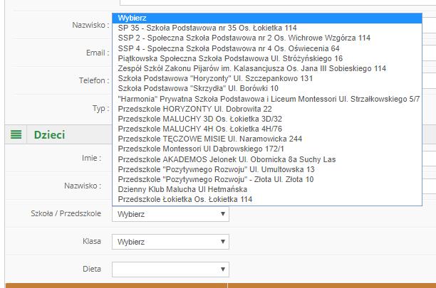 placówek szkolnych lub