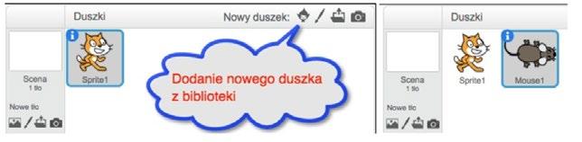 Uczniowie uruchamiają program Scratch. Zadajemy pytanie: co już mamy, a czego nam brakuje do realizacji gry? > Uczniowie powinni zauważyć, że brakuje postaci Myszki. Dyskutujemy, czym ma być Myszka.