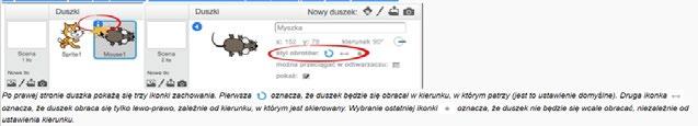 Pytamy uczniów, jakiego bloczka powinniśmy użyć, żeby przesunąć myszkę o dziesięć kroków w stronę wskaźnika. > Uczniowie powinni odnaleźć bloczek przesuń o x kroków w kategorii Ruch.
