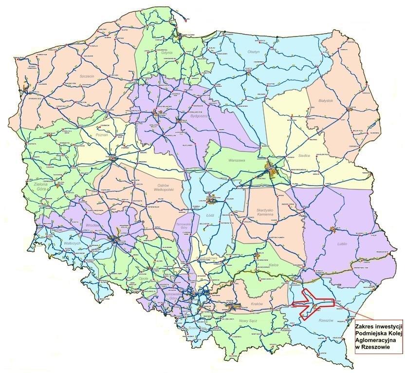 Rysunek 1 Zakres geograficzny przebiegu analizowanych odcinków linii nr 71, 91, 106 oraz linii kolejowej do Portu Lotniczego Rzeszów