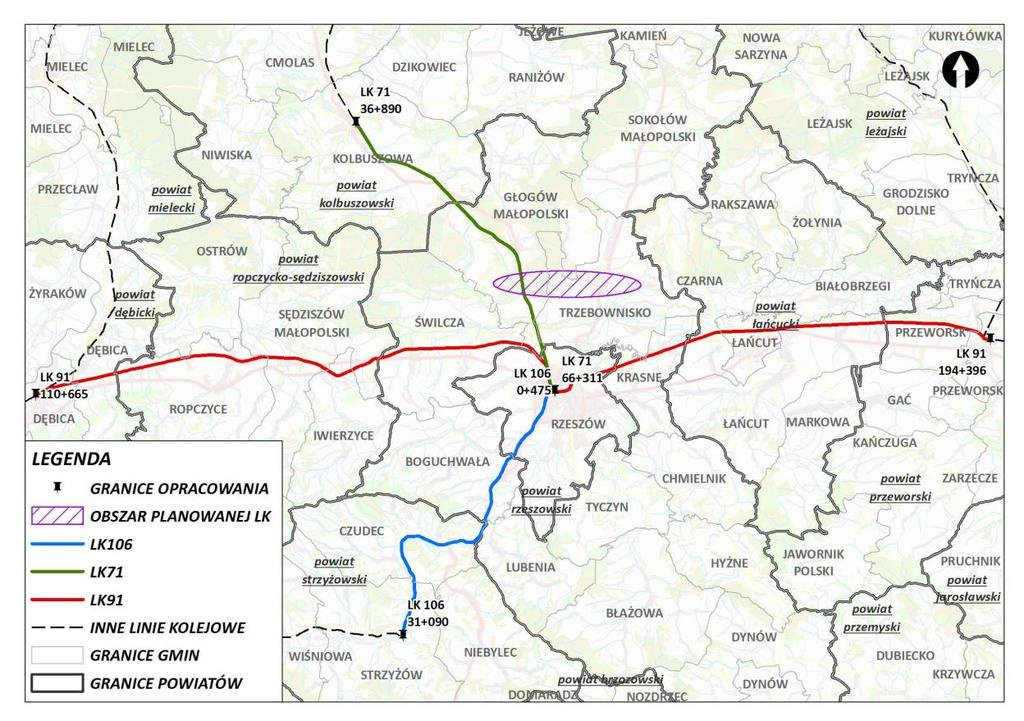 Rysunek 2 Zakres geograficzny przebiegu analizowanych odcinków linii nr 71, 91, 106 oraz linii kolejowej do Portu Lotniczego Rzeszów Jasionka na tle województwa podkarpackiego Źródło: Opracowanie
