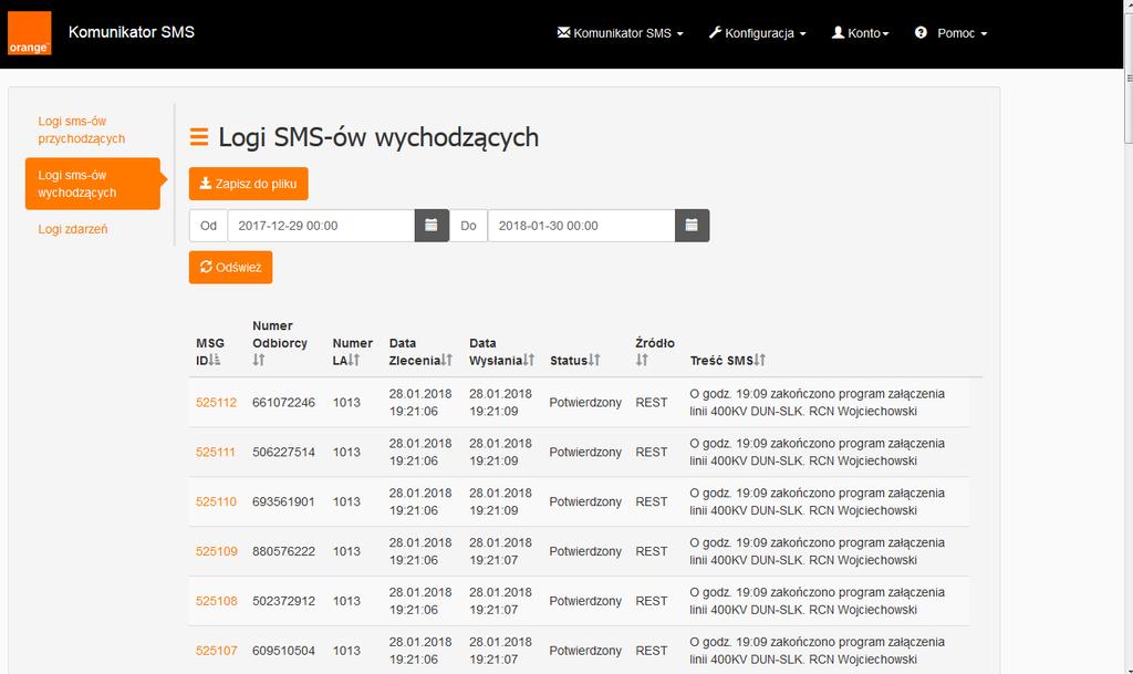 16 Logi SMS-ów wychodzących Lokalizacja funkcjonalności: Konfiguracja Logi Logi SMS-ów wychodzących Użytkownik ma możliwość podejrzenia, wiadomości jakie były wysyłane do użytkowników na danym