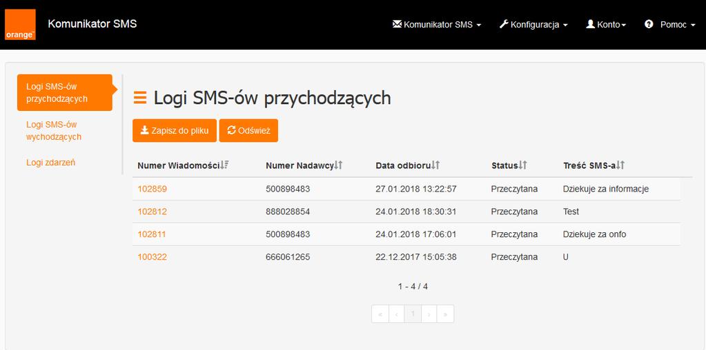 Dodatkowo istnieje możliwość wyeksportowania wszystkich wiadomości do pliku CSV.