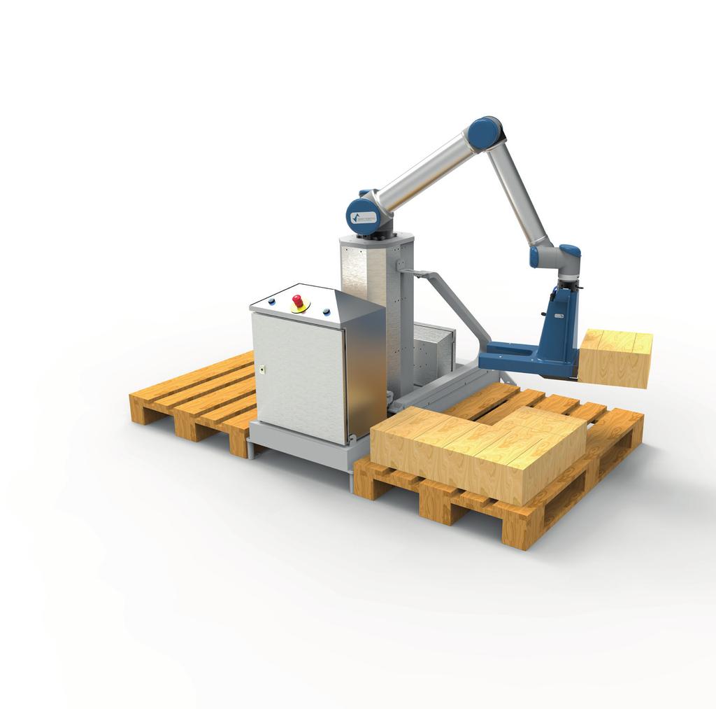SMART PALLETIZER (SERIA SP2) PALETYZACJA Cobot na standardowej ramie, z gniazdem na dwie palety, zajmuje minimalną przestrzeń i może być szybko zainstalowany.