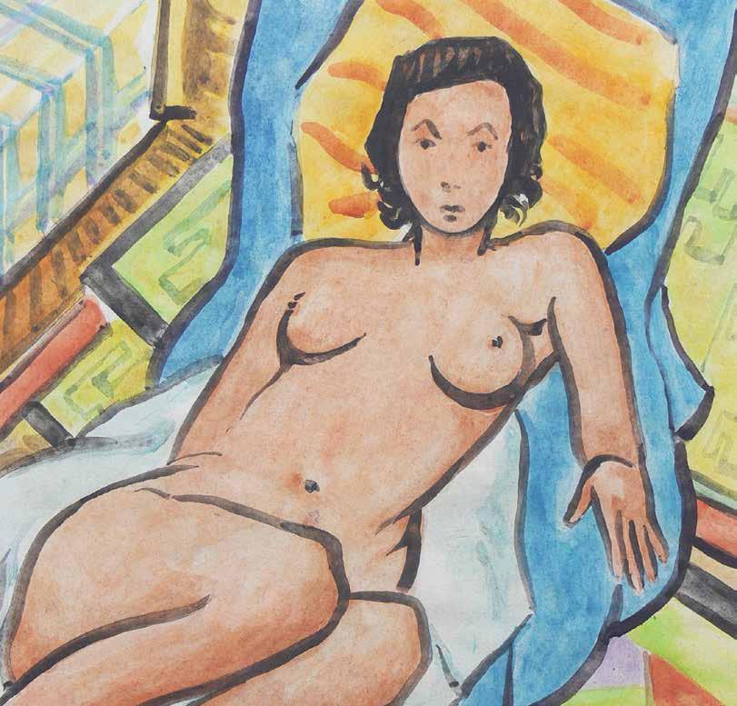 Tymon Niesiołowski, Akt leżący, akwarela, papier, 37 26 cm; sygn. p. d.