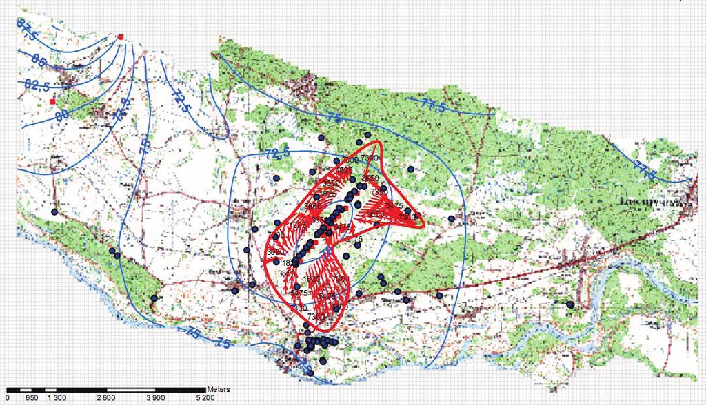 W bilansie warstwy modelu odwzorowującej poziom użytkowy wyróżniamy dopływ z pierwszej przypowierzchniowej warstwy, który wynosi 35 337 m 3 /d, zasilanie od dołu równe 27 234 m 3 /d, przepływ do I