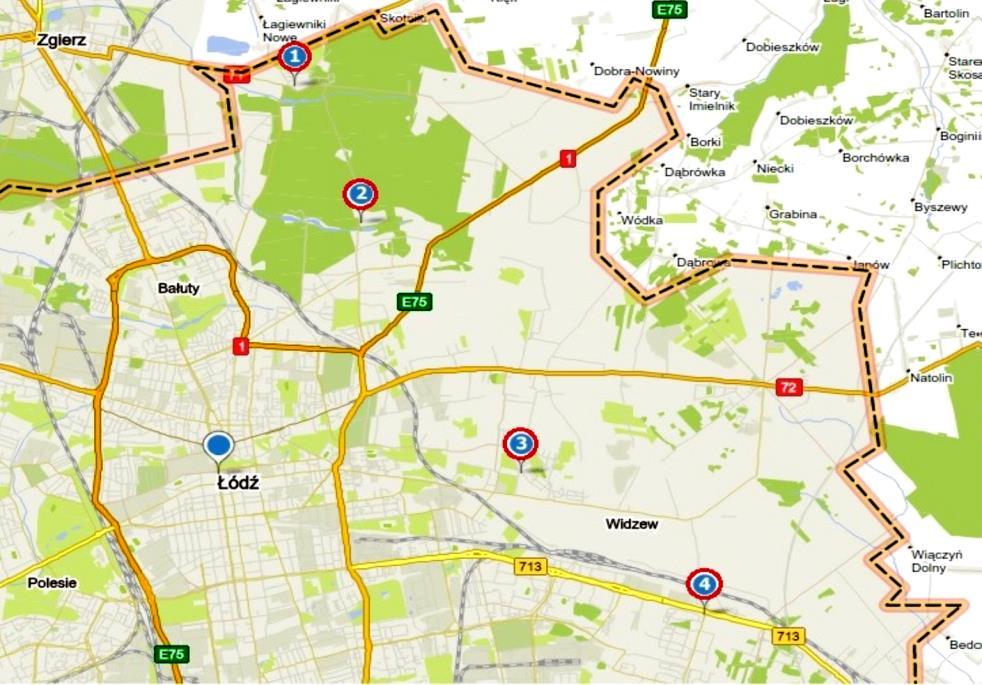 Rys. 1. Mapa Łodzi z zaznaczonymi lokalizacjami poboru wód, www.mapa.targeo.pl/lodz [11]. Legenda: 1 ujęcie przy ul. Przyklasztorze, 2 ujęcie przy ul. Wycieczkowej, 3 ujęcie przy ul.
