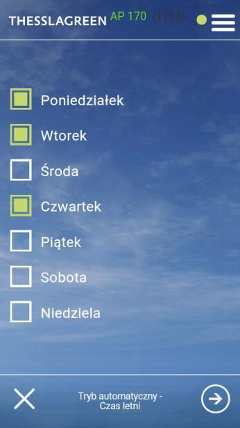 7. Na ekranie TRYB AUTOMATYCZNY - CZAS LETNI wybierz pole, co spowoduje przejście do ekranu TRYB AUTOMATYCZNY - CZAS LETNI - PN, WT, CZ, gdzie będziesz mógł dodawać, usuwać oraz edytować odcinki