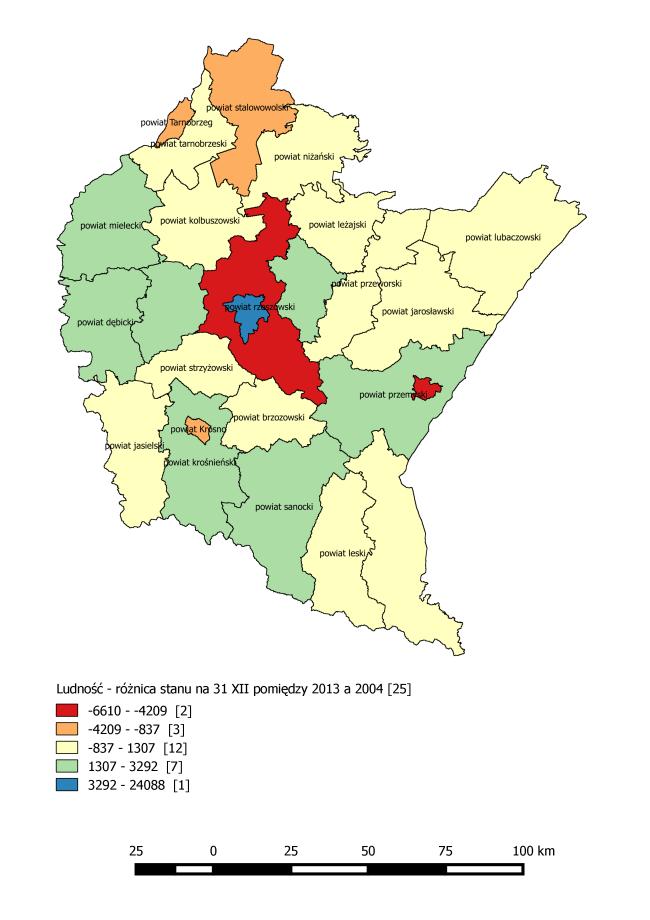 Rycina 4. Liczba ludności w powiatach województwa podkarpackiego według faktycznego miejsca zamieszkania na 31 XII. Różnica za lata 2013 i 2004 r.