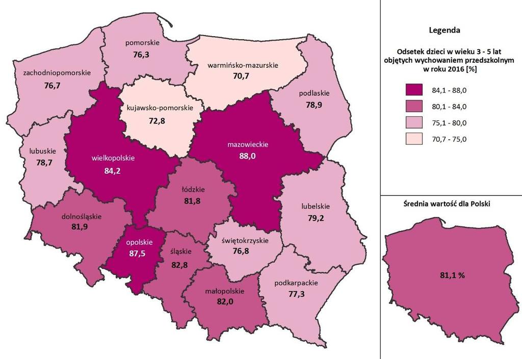 Ryc. 4. Odsetek dzieci objętych wychowaniem przedszkolnym w 2016 r.