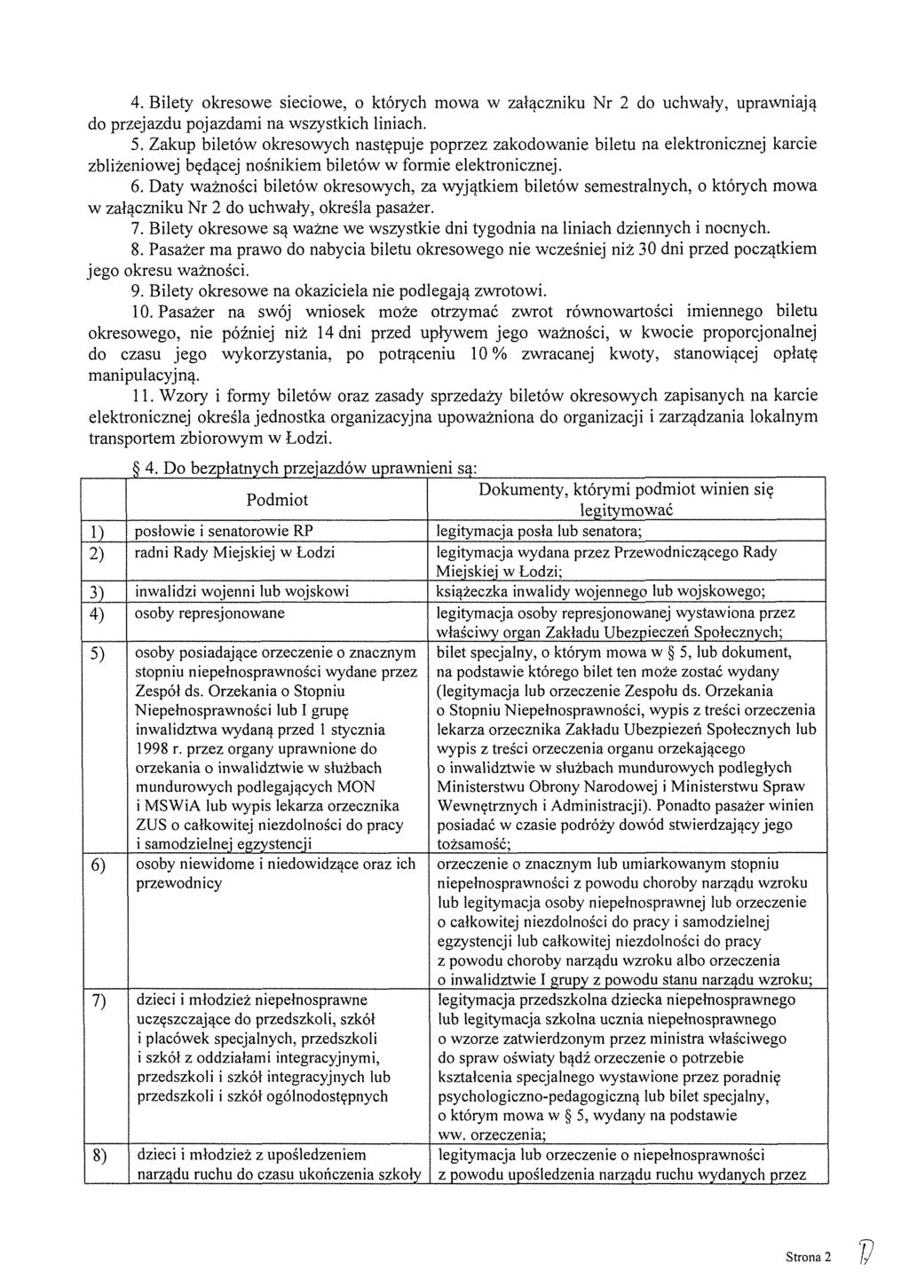 4. Bilety okresowe sieciowe, o ktbrych mowa w zatqczniku Nr 2 do uchwaly, uprawniajq do przejazdu pojazdami na wszystkich liniach. 5.