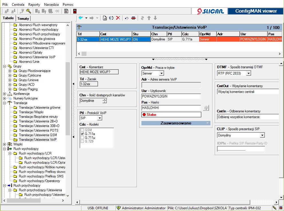 8. Translacje/Ustawienia VoIP Jeżeli chcielibyśmy pracować jako centrala nadrzędna, należałoby ustawić