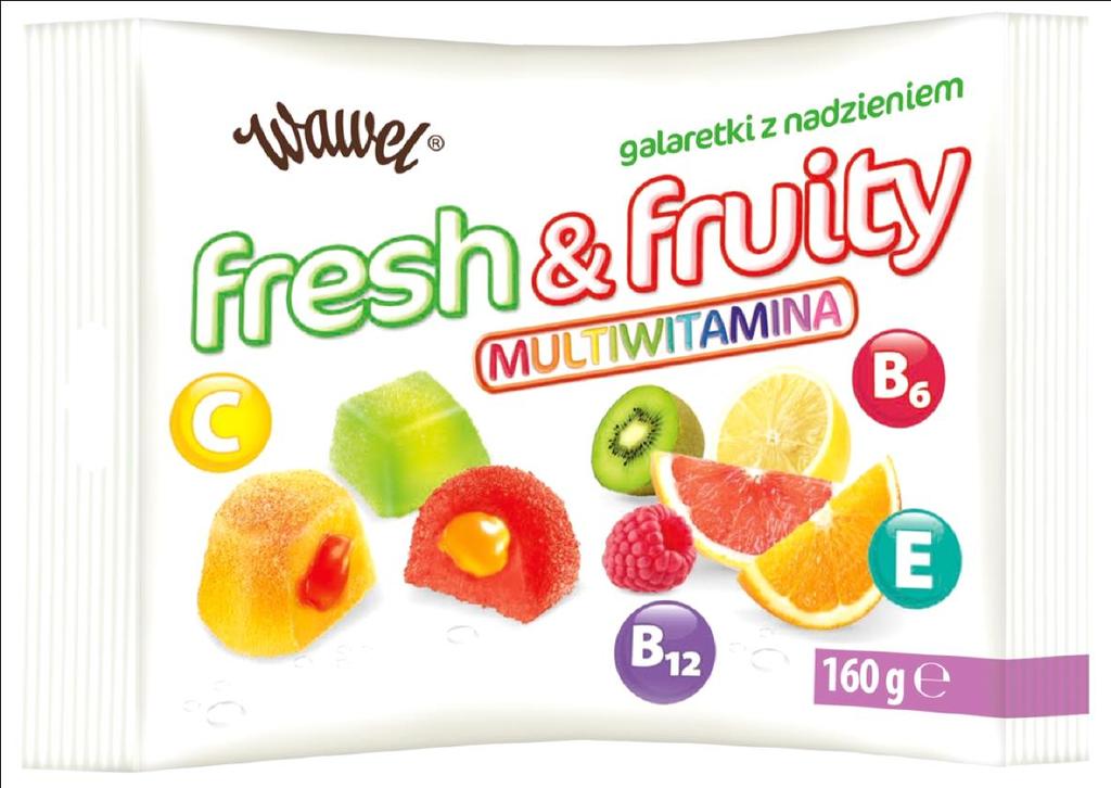 3. Galaretki Fresh & Fruity Multiwitamina 160g Składniki: cukier, syrop glukozowy, woda, substancja żelująca: pektyny; regulator kwasowości: kwas cytrynowy; koncentraty owocowe 0,2% (cytrynowy,