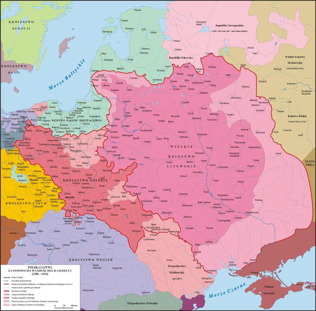 Mapa Polski za panowania Władysława Jagiełło - lata 1386-1434 W tym okresie państwo polsko-litewskie cieszyło się w Europie wysoką pozycją.