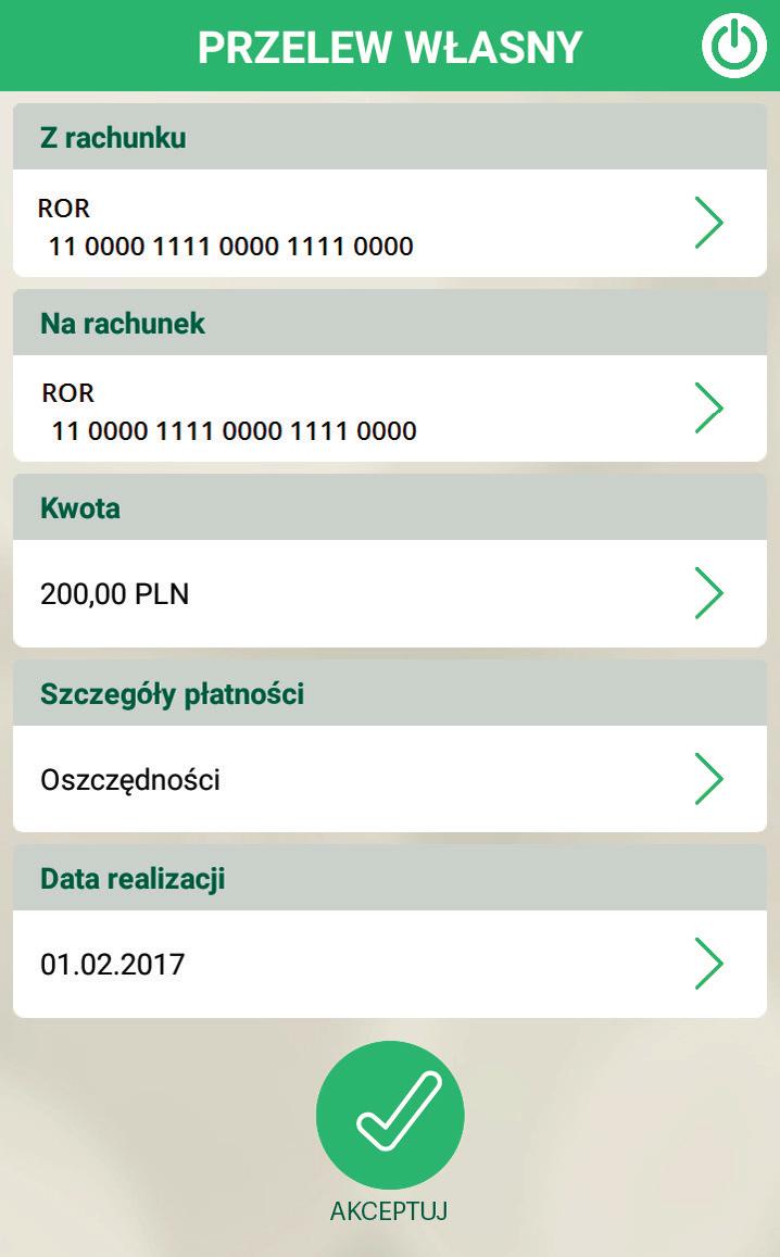 3.4.2. Przelew własny Opcja przeznaczona jest do realizacji przelewów pomiędzy rachunkami, które posiadasz w Kasie. Za pomocą przelewu własnego możesz dokonać wpłaty np.