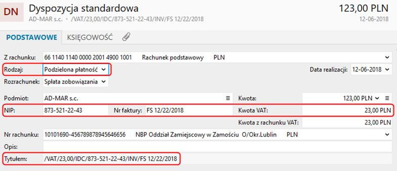 Tworzona dyspozycja o rodzaju Podzielona płatność wymaga wprowadzenia następujących danych: kwota VAT, NIP (klienta, na rzecz którego zlecany jest przelew)