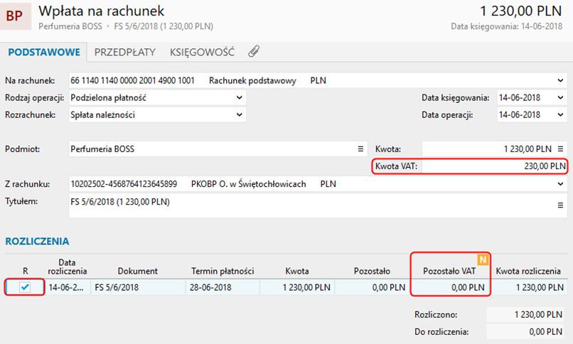 SPLIT PAYMENT INSERT NEXO 15 Rozliczanie rozrachunków Rozrachunek mający przypisaną wartość VAT może być rozliczany w różny sposób: operacją kasową, operacją bankową lub