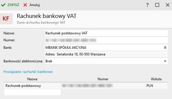 6 SPLIT PAYMENT INSERT NEXO Bankowość i finanse podzielona płatność Zaimplementowanie mechanizmów podzielonej płatności w programie powinno rozpocząć się od wprowadzenia rachunku VAT, wygenerowanego