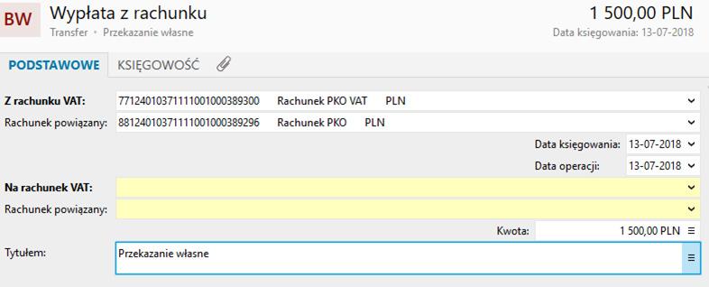 SPLIT PAYMENT INSERT NEXO 7 Operacja Przekazanie własne służy do przekazywania środków pomiędzy dwoma rachunkami VAT.