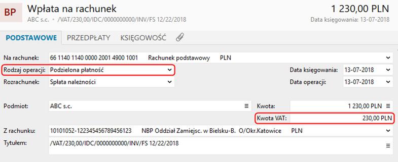 8 SPLIT PAYMENT INSERT NEXO Operacje bankowe W związku z obsługą podzielonej płatności, wprowadzony został nowy rodzaj operacji bankowych (wpłat i wypłat) Podzielona płatność.