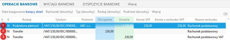 VAT. Jeżeli w Parametrach bankowości włączony będzie parametr Twórz operację bankową na wartość vat (podzielona płatność), to po zapisaniu operacji bankowej o rodzaju Podzielona