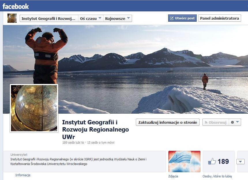 Od 9 października 2013 r. działa profil IGRR na Facebooku. Publikowane są tu informacje i odnośniki związane z szeroko pojmowaną geografią, naszym Instytutem, nauką oraz studiami.