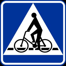 Znak z pionową linią przedzielającą oznacza, że ruch pieszy odbywa się po jednej stronie a ruch rowerowych po drugiej stronie drogi.