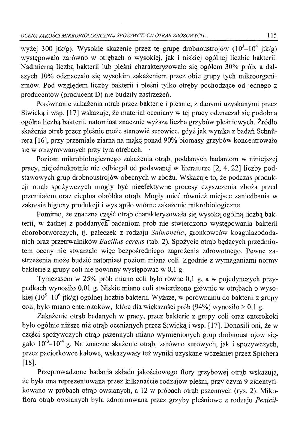 OCENA JAKOŚCI M IKROBIOLOGICZNEJ SPOŻYWCZYCH OTRĄB ZBOŻOWYCH. 115 wyżej 300 jtk/g).