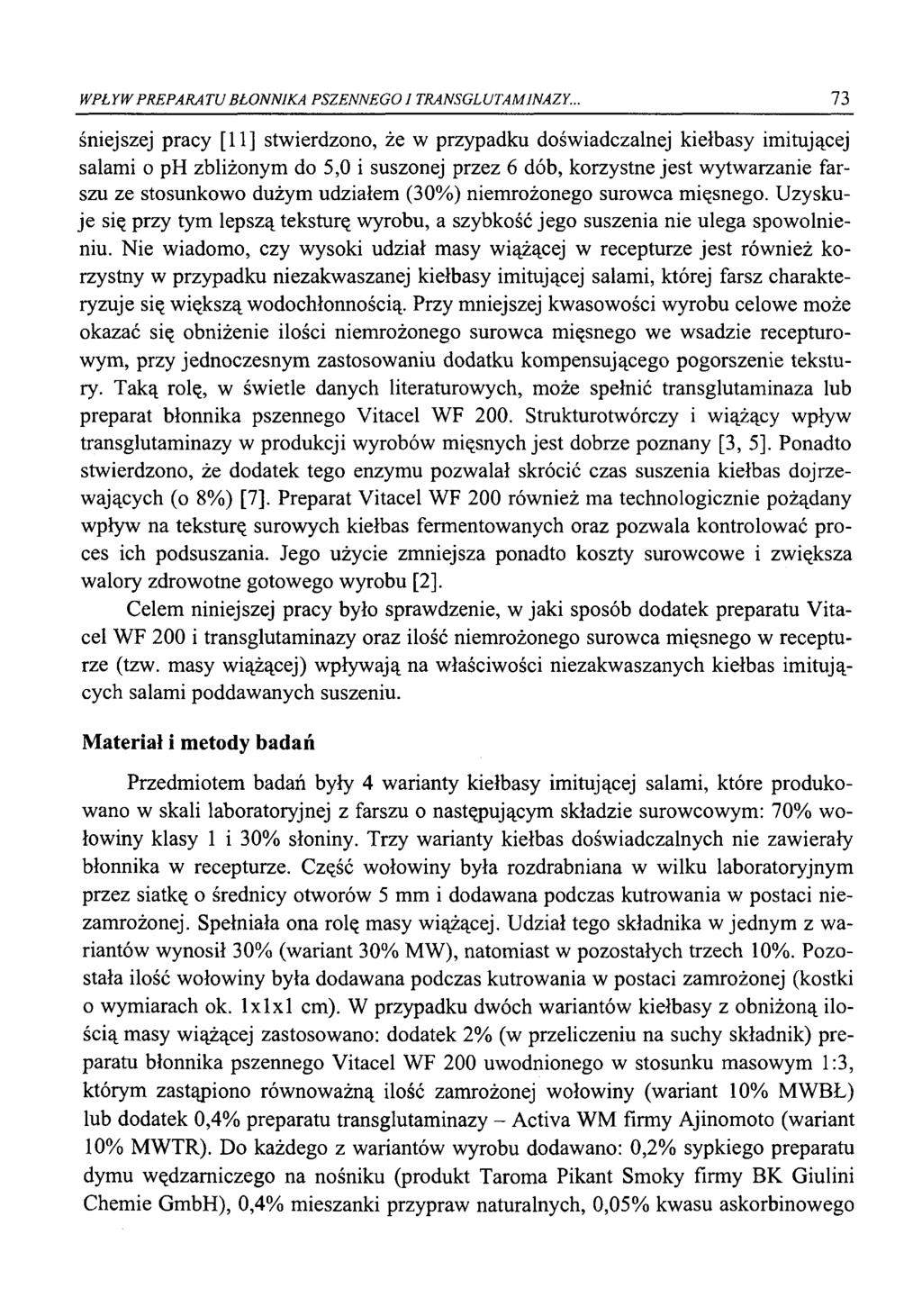 W PŁYW PREPARATU BŁONNIKA PSZENNEGO I TRANSGLUTAM1NAZY.