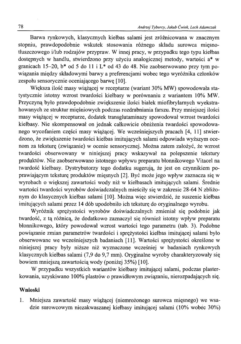 78 Andrzej Tyburcy, Jakub Ćwiek, Lech Adamczak Barwa rynkowych, klasycznych kiełbas salami jest zróżnicowana w znacznym stopniu, prawdopodobnie wskutek stosowania różnego składu surowca