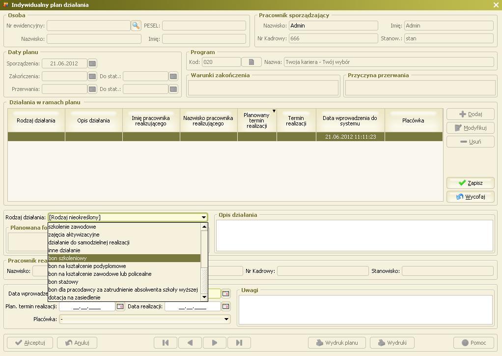 Nowe rodzaje działania będą traktowane w systemie identycznie jak rodzaj "inne działanie" (nie będą tworzone powiązania z usługami w innych komponentach).