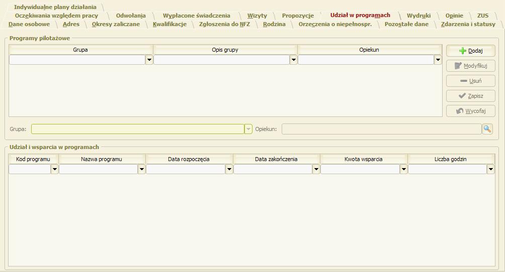 FO0330L - Udział w programach Na oknie została dodana ramka "Programy pilotażowe" umożliwiająca przypisane osoby do grupy zdefiniowanej w ramach projektu oraz do opiekuna - pracownika urzędu.