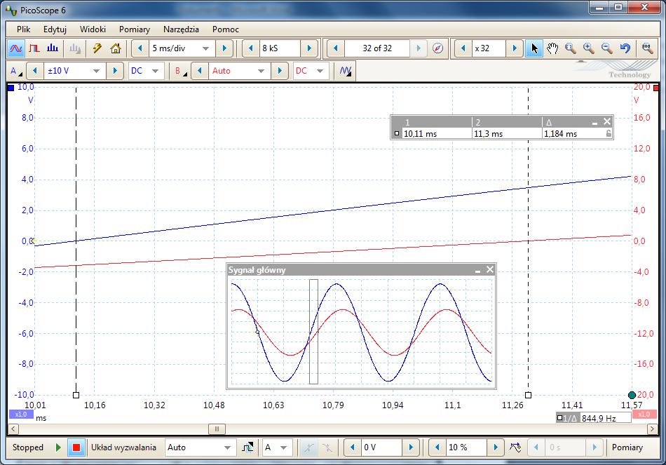 Odczyać warości międzyszczyowe obu sygnałów (kolumna w abelce na oscylogramie). Wynik zapisać w abeli 1 - kolumny 2A 1 i 2A 2. 11.