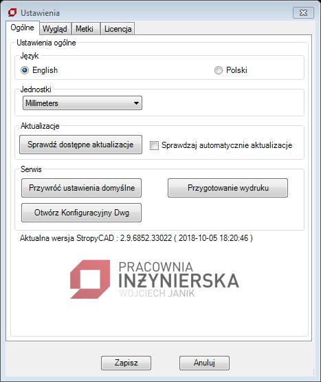 Panel Język Przycisk English angielska wersja programu Przycisk Polski polska wersja programu Panel Jednostki Przycisk cm definiuje pracę programu w