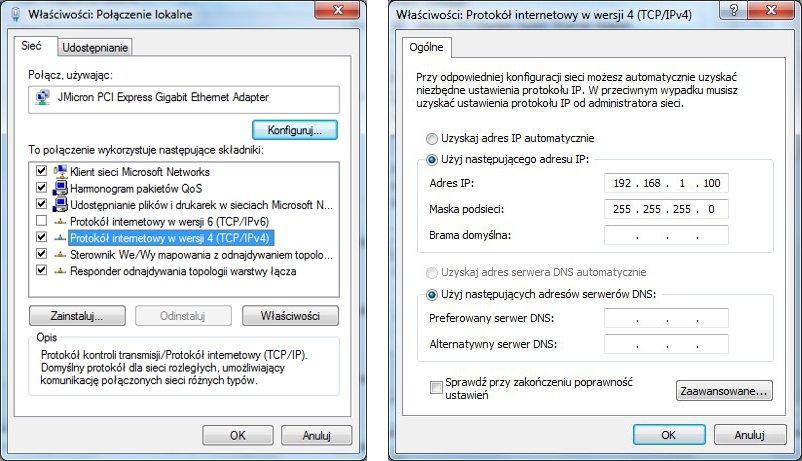 4 i w jego właściwościach wpisać parametry sieci. 2.