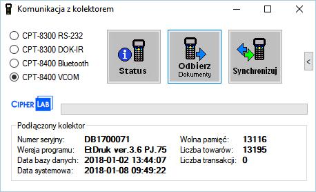 Standardowo używane jest opcja Synchronizuj, która odbiera dane z kolektora do komputera oraz przesyła do