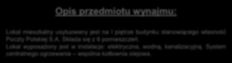 Lokal wyposażony jest w instalacje: elektryczna, wodną, kanalizacyjną.