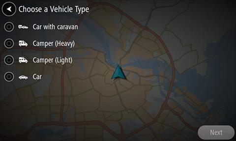 2. Wybierz Typ pojazdu, a następnie z wyświetlanej listy wybierz Kamper (powyżej 3,5 t / do 3,5 t) lub Samochód z przyczepą kempingową.