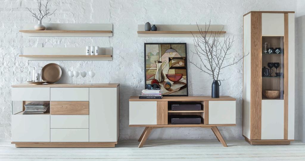 3x półka + komoda 02 + szafka RTV 01 + witryna 01 L 3x shelf + chest of drawers 02 + TV cabinet 01 + display cabinet 01 L Sen 12 _ 13 Dzięki różnorodności modułów kolekcji Sen możemy tworzyć