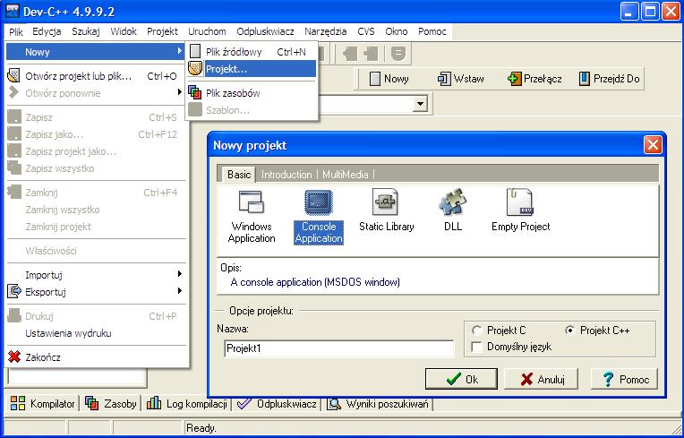 Rysunek 1 - Uruchomienie nowego projektu w Dev-C++ Potem pojawia się okienko zachęcające do zapisu projektu.