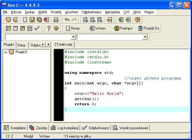 Pierwszy program w C/C++ Wprowadźmy do edytora następujący program : #include <cstdlib> #include <stdio.