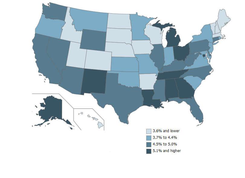 Mapa 4.1 Stopa bezrobocia w poszczególnych stanach (stan: marzec 2017), dane skorygowane o dane sezonowe; źródło: U.S. Bureau of Labor Statistics, https://www.bls.