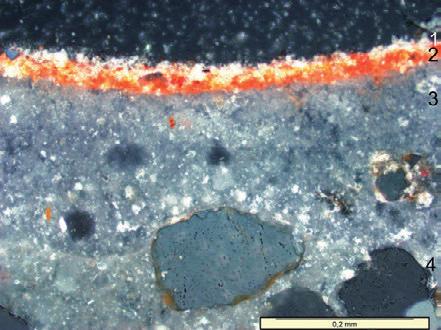 nr próbki kolor warstw malarskich prawdopodobny wiek malowidła, z którego pobrano próbkę pierwiastki w warstwie pigmentu zidentyfikowane za pomocą EDS pigment 58 biały (il. 18 poł.