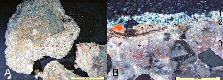 12 13 nr próbki kolor pigmentu prawdopodobny wiek malowidła, z którego pobrano próbkę pierwiastki w warstwie pigmentu zidentyfikowane za pomocą EDS identyfikacja Raman/ FTIR-ATR pigment 34