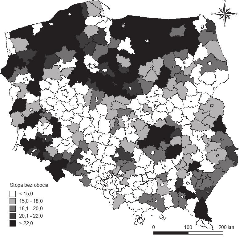 54 Jadwiga Gałka Ryc. 7. Stopa bezrobocia wg powiatów w 2012 r. Dodatkowo gminy, z których nie odnotowano wymeldowań w badanym czasie, były rozsiane w województwach Polski wschodniej (np.