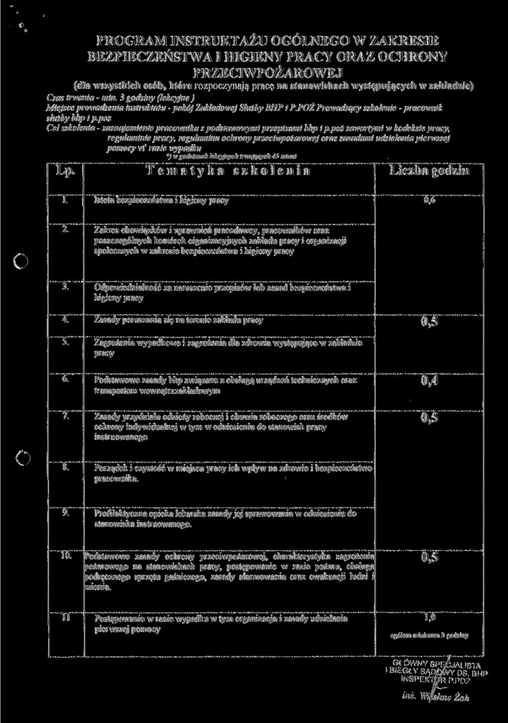 PROGRAM INSTRUKTAŻU OGÓLNEGO W ZAKRESIE BEZPIECZEŃSTWA I HIGIENY PRACY ORAZ OCHRONY PRZECIWPOŻAROWEJ (dla wszystkich osób, które rozpoczynają pracę na stanowiskach występujących w zakładzie) Czas