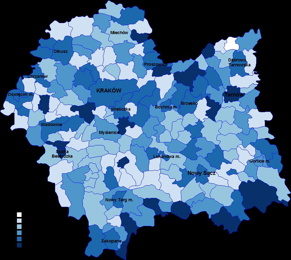 Najmniej aktywnymi w pozyskiwaniu środków obszarami były powiaty: miechowski, dąbrowski, chrzanowski, tatrzański, proszowicki i suski.