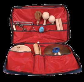 Mini orkiestra Zestaw instrumentów perkusyjnych posortowanych i schowanych w poręcznej walizce zasuwanej na suwak którą można z łatwością przenieść
