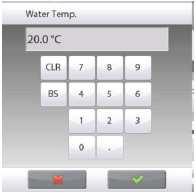 Wagi Explorer Semi-Micro 85 W celu ustawienia temperatury wody dotknij przycisku Temp. wody. Waga oblicza gęstość wody na podstawie wprowadzonej wartości temperatury wody.