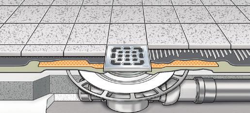 Ilustracja poniżej przedstawia odpływ brodzikowy z podwójnym uszczelnieniem warstwowym i matą uszczelniającą firmy Schlüter-KERDI na przejściu pomiędzy odpływem a wylewką.